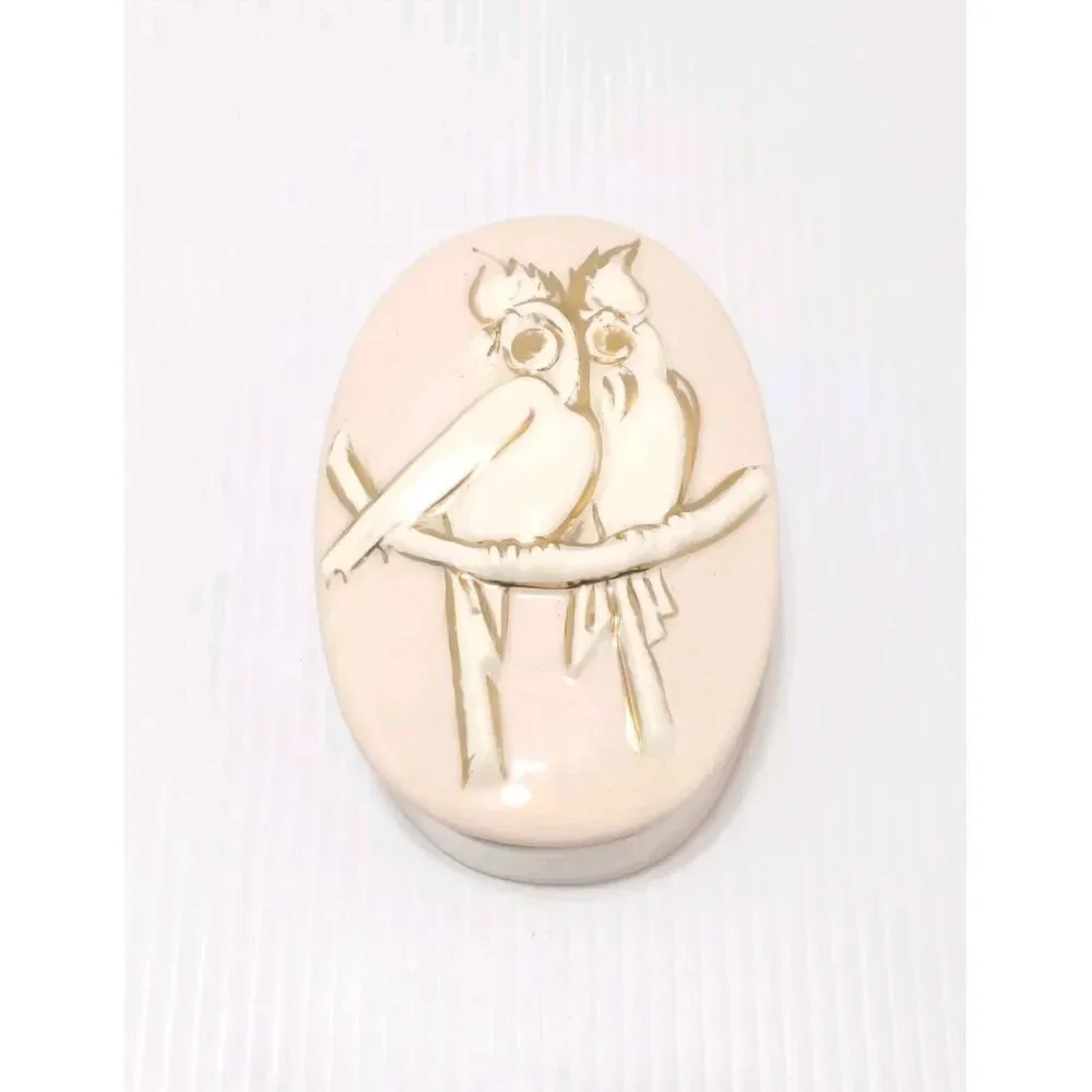Vintage MCM Ceramic‎ Pink Trinket Box With Lid White Birds On Branch Gold Accent